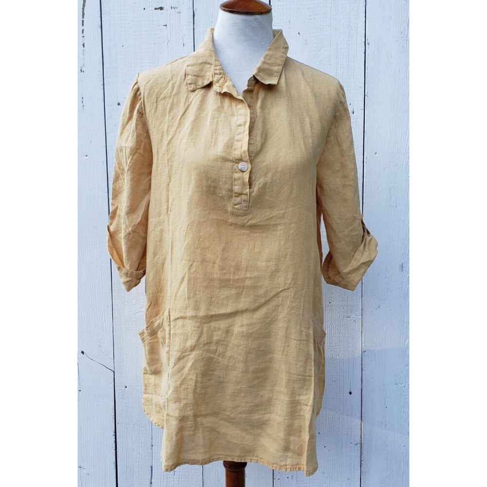 XCVI Women Yellow Collared Half Sleeve 100% LINEN Relaxed Shirt Tunic Sz L